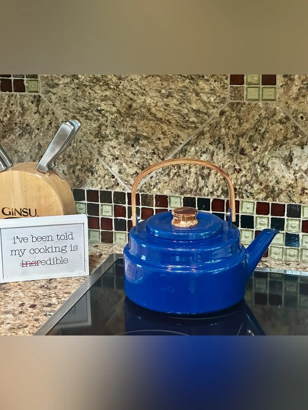 Cobalt Blue Tea Kettle with Teak handle and lid top. Danish Style Pre-owned